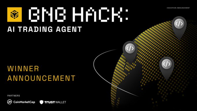 The image is a winner announcement graphic for the "BNB HACK: AI TRADING AGENT" hackathon, featuring a black and yellow design with a stylized globe and code-bracket location pins. It includes partner logos for CoinMarketCap and Trust Wallet, and visually reinforces the celebratory post congratulating the hackathon winners building AI trading agents with CMC Agent Hub.