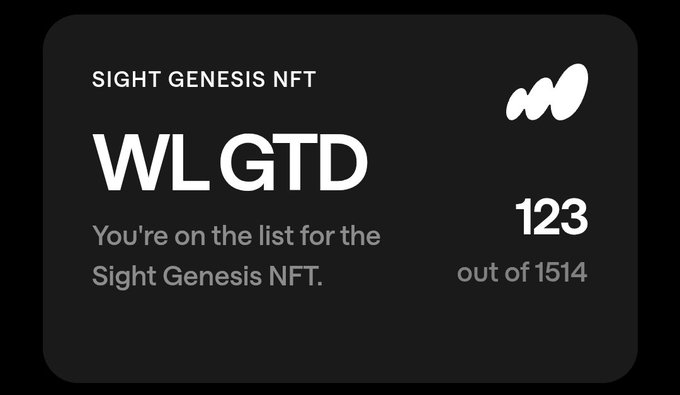 A digital 'WLGTD' (Whitelist Got) notification card for 'SIGHT GENESIS NFT' indicating the user is '123 out of 1514' on the allowlist.