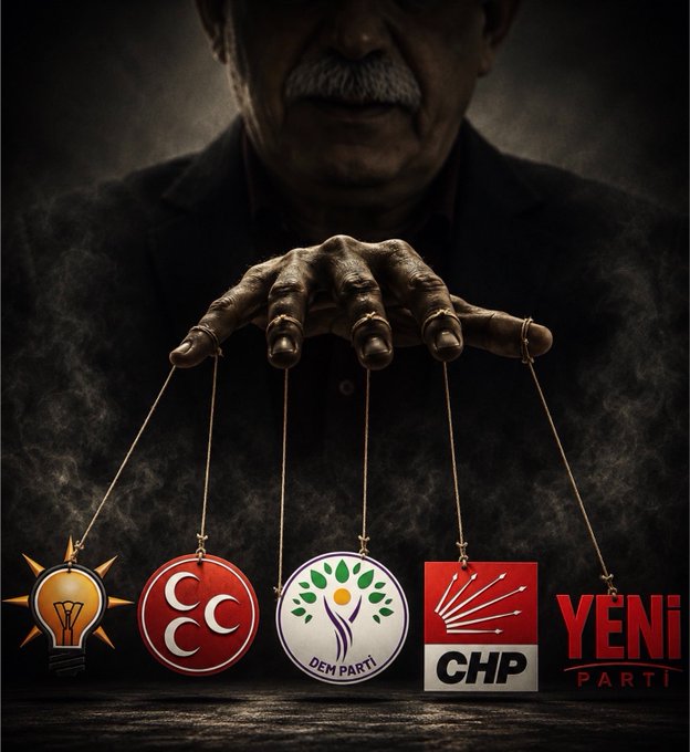 A dark, dramatic image of an older man whose hands control puppet strings attached to Turkish political party and symbol logos: AKP (lightbulb), MHP (three crescents), HDP/DEM (tree), CHP, and YENİ PARTİ.