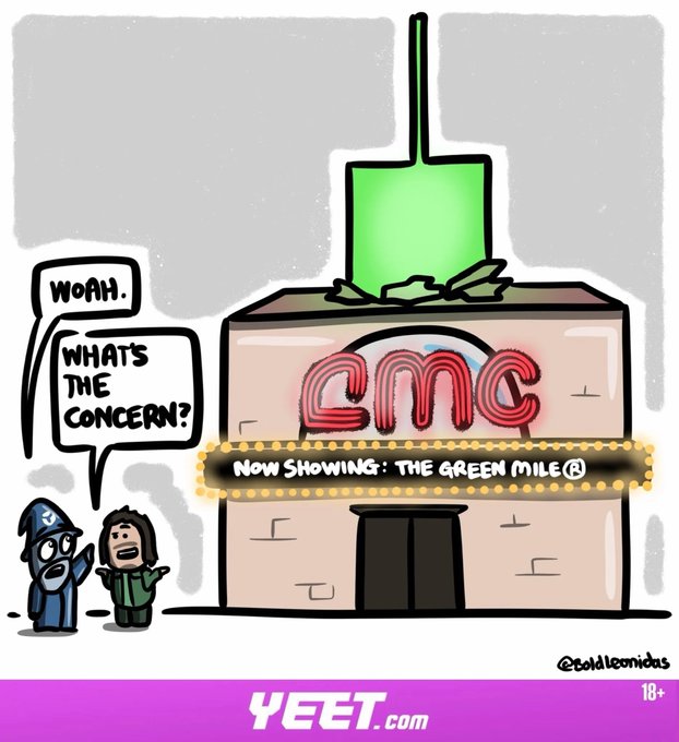 The image is a cartoon showing a movie theater with a red "CMC" (Crypto Market Cap) sign displaying "Now Showing: The Green Mile ®" with a green line/candle graphic emerging from the roof, while two characters at the bottom react with "Woah. What's the concern?" The cartoon humorously references the crypto market's recent price action (Green Mile being a movie reference, likely playing on the green candles/upward movement), tying into the post's coverage of BTC at $79,384 (+1%) and the broader crypto rally discussed in the daily market update.