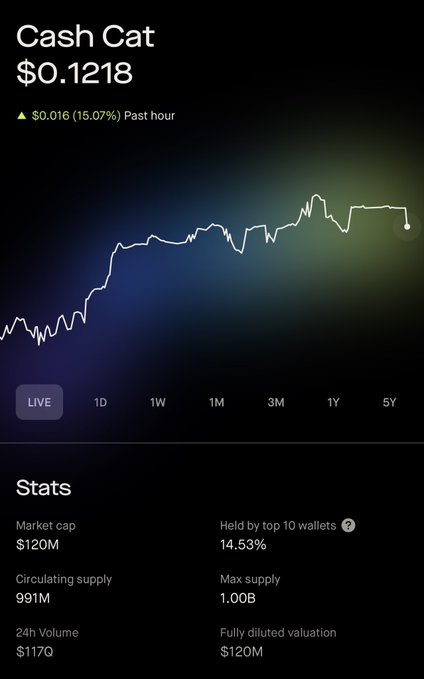 A dark-themed price tracker screenshot shows "Cash Cat" (ticker $CASHCAT) trading at $0.1218, up $0.016 (15.07%) in the past hour, with a $120M market cap and 991M circulating supply out of a 1.00B max supply—visualizing the gains referenced in the post claiming "$CASHCAT is the real" one.