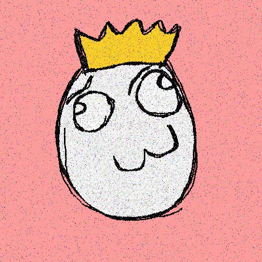 A hand-drawn, sketchy cartoon face with a yellow crown is depicted on a pink background, serving as the visual for the "true memelord" and "doodlemaster" mentioned in the accompanying text.