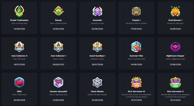 The image displays a collection of 15 achievement badges earned on what appears to be a gaming or rewards platform, including titles like "Forest Trailmaster," "Sensei," "Ascender," "Classic I," "Evolutioneer I," "Asie Collector II," "Good Goodbye I," "Nightmare Keeper," "MEO," "Yamato-damashii," and various "Rice Harvester" badges, each with completion dates ranging from 2024 to 2026. This visual showcase of badges directly responds to the "Badge check!" post by proudly displaying the user's accumulated achievements and milestones.