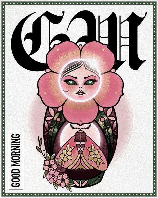 An artistic greeting card featuring 'EGANT' in Gothic lettering above a stylized illustration of a flower-headed figure with the text 'GOOD MORNING' on the side.