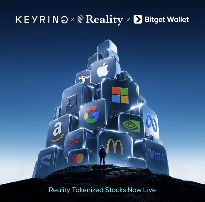 A promotional image for 'KEYRINO x Reality x Bitget Wallet' displays a tower of tech and retail brand logos including Apple, Google, and Visa, with the tagline 'Reality Tokenized Stocks Now Live'.