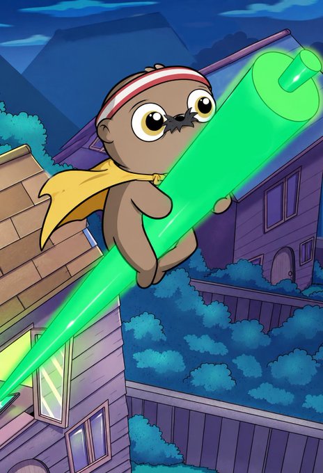 A cartoon illustration of a cute bear character wearing a red headband and yellow cape, riding a large green laser beam over a residential neighborhood at night.