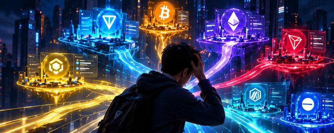 A stylized crypto-themed illustration shows a person facing glowing platforms with recognizable coin or network symbols, including Bitcoin, Ethereum, Tron, Solana, Binance, and others.