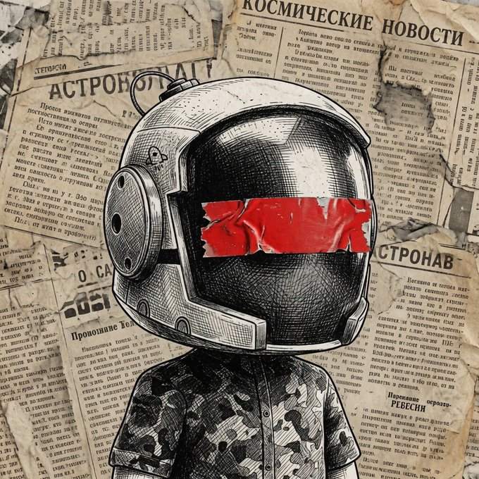 A stylized black-and-white illustration of a child wearing an astronaut helmet with a red-taped visor, standing against a collage of Russian newspapers including one titled 'КОСМИЧЕСКИЕ НОВОСТИ'.