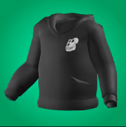 A black hoodie with a small white skull design displayed against a green background, appearing as a 3D product render.