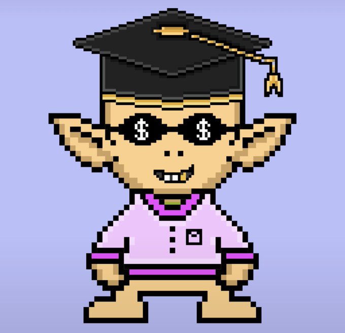 A pixel art character with pointed ears, a graduation cap, and dollar-sign sunglasses stands against a solid light purple background.