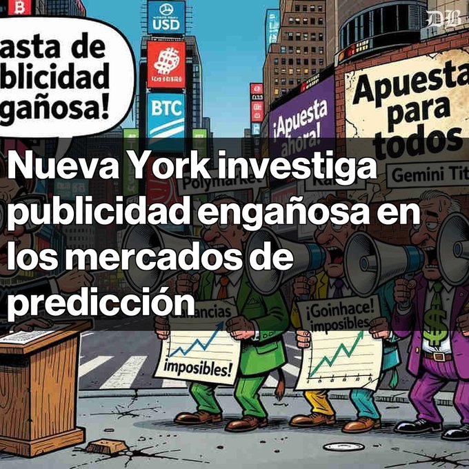 A cartoon illustration of people with megaphones holding signs reading "¡Apuesta ahora!" and "imposibles!" alongside BTC and USD billboards, overlaid with Spanish text: "Nueva York investiga publicidad engañosa en los mercados de predicción".
