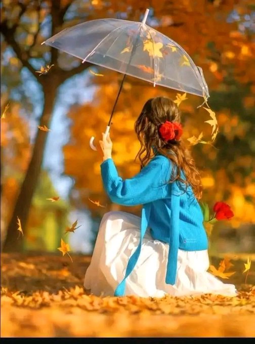 A girl in a blue cardigan and white dress kneels holding a transparent umbrella amid swirling autumn leaves, with a red flower in her hair.