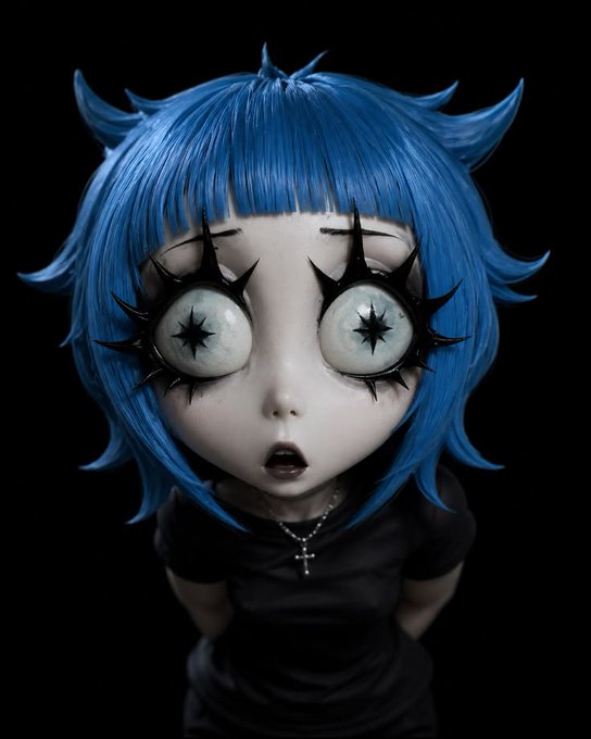 A doll or figurine with bright blue hair and pale skin, featuring large, spiky black eyelashes and star-shaped pupils, wearing a black shirt and a silver cross necklace against a dark background.