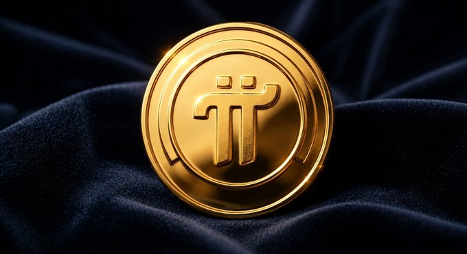 A gold Pi (π) cryptocurrency coin resting on dark blue velvet fabric.