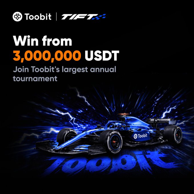 A Toobit promotional banner advertising a T1 tournament with 'Win from 3,000,000 USDT' featuring a blue Formula 1 race car with the Toobit logo.