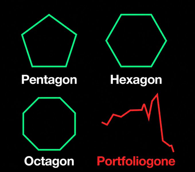 The image humorously displays labeled shapes—a Pentagon, Hexagon, and Octagon—alongside a red downward-trending line graph labeled "Portfoliogone," cleverly suggesting that the only recognizable "shape" in the poster's experience is their plummeting portfolio.