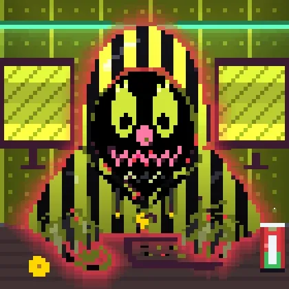 A pixel art character with a yellow hooded robe and a menacing smile sits at a desk with computer monitors, surrounded by digital green and yellow tones, visually representing the "Tradooor" NFT (#7122) that was sold for 0.07 ETH on OpenSea.