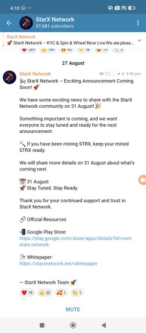 A Telegram screenshot from StarX Network (37,681 subscribers) showing a pinned announcement that reads "StarX Network – KYC & Spin & Wheel! Now Live We are plea…" along with a post dated 27 August teasing an "Exciting Announcement Coming Soon!" scheduled for 31 August, with instructions for miners to keep their STRX ready—directly matching the caption about a major reveal planned for 31st August.