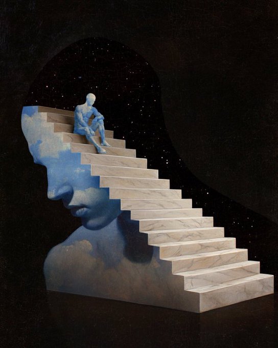 A surreal collage depicts a small figure sitting thoughtfully atop a marble staircase that emerges from the side of a profile rendered in clouds, set against a starry night sky. The image evokes "Gm." as an introspective morning greeting, reflecting themes of solitude, contemplation, and the beginning of a journey upward.