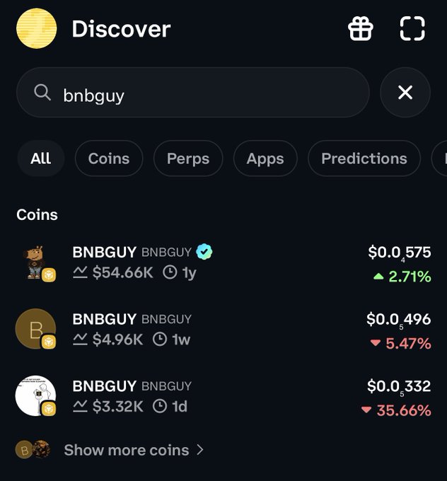 Screenshot of a cryptocurrency 'Discover' search interface showing results for 'bnbguy', displaying three coin listings with prices ranging from $0.0332 to $0.0575 and varying 1y, 1w, and 1d timeframes with percentage changes in green and red.