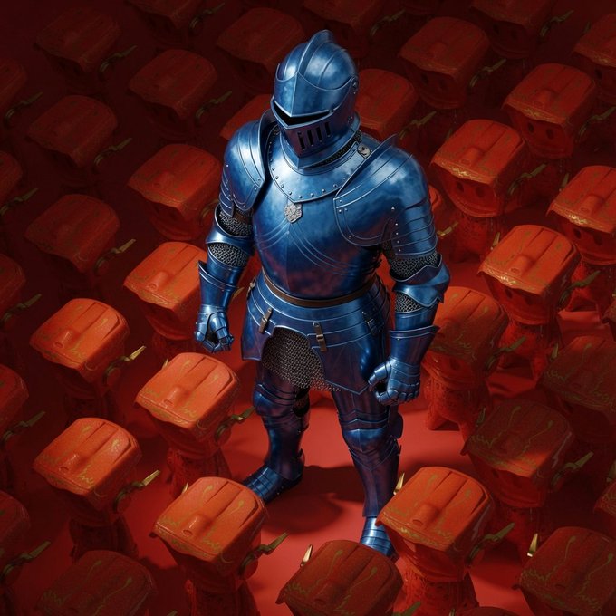 A knight in gleaming blue plate armor stands resolute among a sea of small orange dragon-like creatures, symbolizing strength and dominance in a bullish market stance for Blokyz.