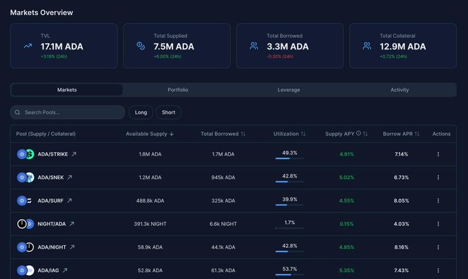 DeFi Markets Overview dashboard displaying TVL of 17.1M ADA, Total Supplied 7.5M ADA, Total Borrowed 3.3M ADA, Total Collateral 12.9M ADA, and a lending markets table with ADA/STRIKE, ADA/SNEK, ADA/SURF, NIGHT/ADA, and ADA/NIGHT pools.