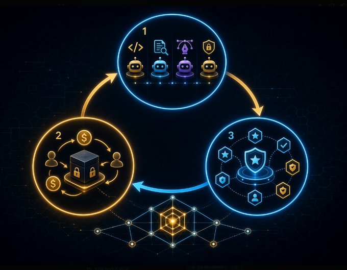 A glowing cyclical diagram illustrates a three-stage flywheel with numbered nodes (1, 2, 3) connected by arrows: stage 1 shows diverse AI bots with development icons, stage 2 depicts a central cube surrounded by users and dollar symbols representing monetization, and stage 3 displays a shield surrounded by user profiles symbolizing reputation—visually reinforcing how agent.family's marketplace compounds value as more specialized agents join the network.