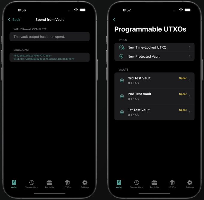 Two dark-themed smartphone app screens are shown; the left reads 'Spend from Vault' with 'WITHDRAWAL COMPLETE' and a transaction hash, while the right displays 'Programmable UTXOs' with a list of spent vaults.