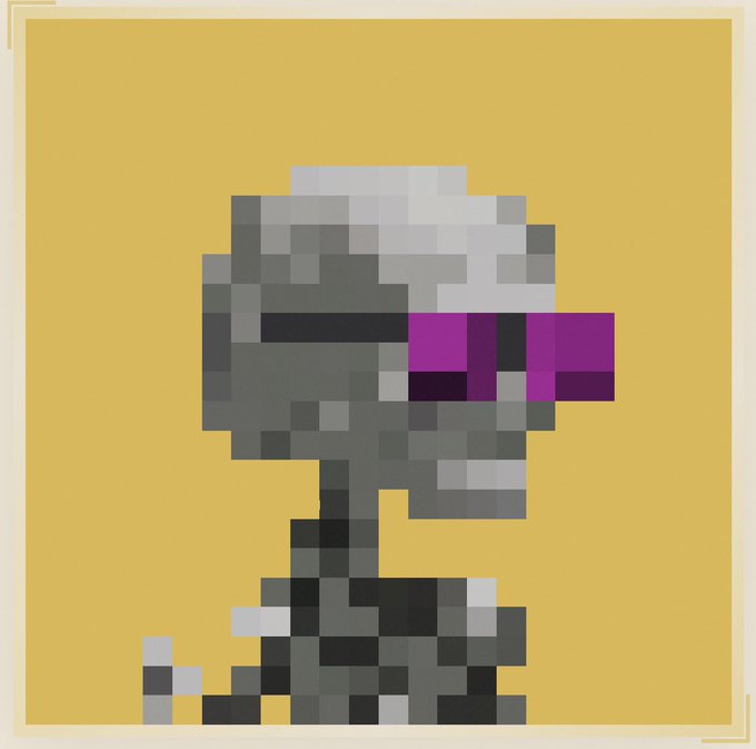 A pixelated illustration of a gray helmeted figure wearing purple visor glasses against a yellow background.