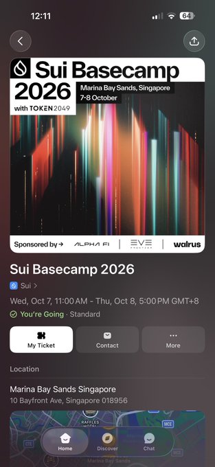 A mobile screenshot shows a ticket for Sui Basecamp 2026 at Marina Bay Sands, Singapore on October 7-8, sponsored by AlphaFi, EVE Frontier, and Walrus.