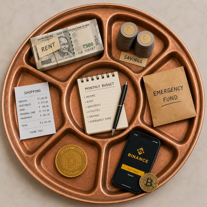A copper-colored compartmentalized tray organizing personal finance items, including Indian rupee notes labeled 'RENT', coin stacks labeled 'SAVINGS', a shopping receipt, a 'MONTHLY BUDGET' notepad, an 'EMERGENCY FUND' envelope, a gold coin, and a smartphone showing a Binance app log-in screen.