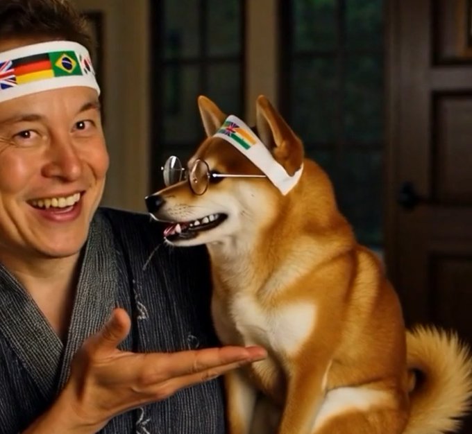 A man and a Shiba Inu dog both wearing white headbands displaying flags (UK, Germany, Brazil, Japan) and small round glasses, smiling together in what appears to be a humorous photo.