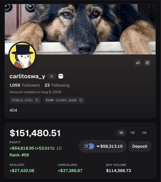 A social media profile for 'carlitoswa_y' displaying a German Shepherd dog as the banner, showing trading stats with a $151,480.51 profit and +$27,432.08 unrealized gain.
