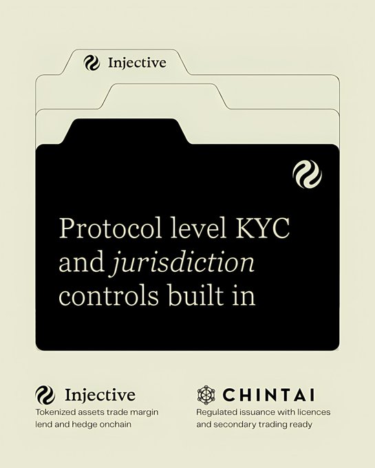 A promotional graphic for Injective and CHINTAI reads “Protocol level KYC and jurisdiction controls built in,” with smaller text about tokenized assets trade margin and regulated issuance.