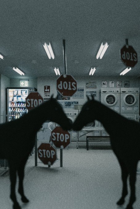 A surreal, dark image of two silhouetted horses facing each other in what appears to be a laundromat, surrounded by multiple STOP signs hanging upside down.