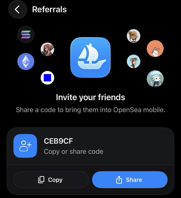 A mobile app screen for OpenSea referrals with the text 'Referrals', 'Invite your friends', and 'Share a code to bring them into OpenSea mobile', displaying the referral code 'CEB9CF' with Copy and Share buttons.