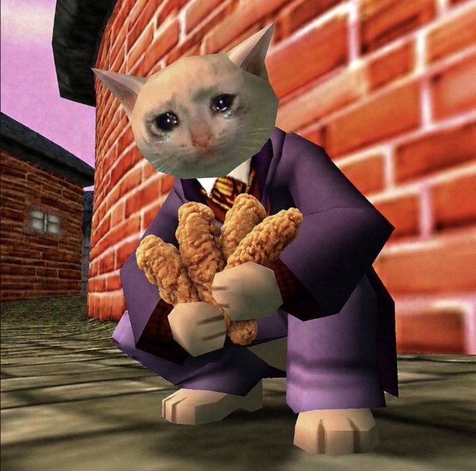 The image shows a low-poly 3D character with a crying cat face superimposed on it, wearing a purple robe and clutching a bundle of chicken tenders, standing in a brick alleyway. The meme humorously personifies a bullish "tender szn" investor sentiment for the "cashcat" meme coin, with the pleading cat and abundance of chicken tenders symbolizing greedy accumulation and emotional desperation during a price rally.