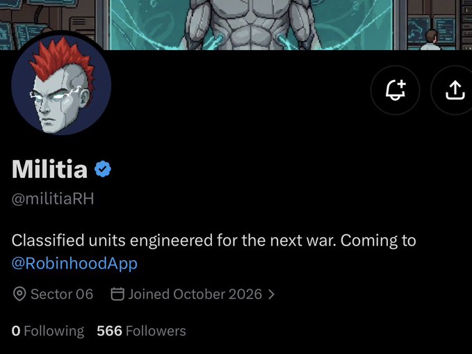 A Twitter/X profile screenshot for “Militia” (@militiaRH) reads, “Classified units engineered for the next war. Coming to @RobinhoodApp,” with 566 followers.