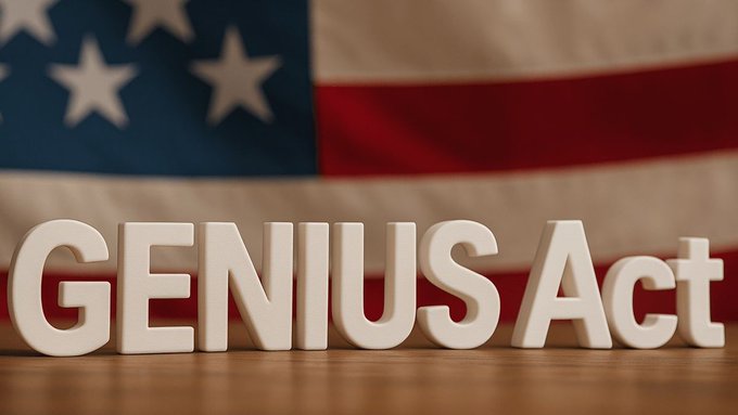 White 3D letters spelling "GENIUS Act" sit on a wooden surface in front of a softly blurred American flag, symbolizing the U.S. legislation aimed at regulating stablecoins and shaping the future of digital currency.