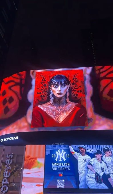Times Square display showing a woman in red traditional attire on a large screen, with a Yankees ticket ad below for 'YANKEES.COM FOR TICKETS' for the 20/26 season.