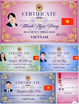 A collection of Vietnamese ambassador certificates featuring various individuals including Minh Ngoc Hung (Head of GGV Ambassador), Nguyen Thi Phuong, Do Tat Thuy, Nguyen Gia Hoa, and others, all designated as Vietnam ambassadors.