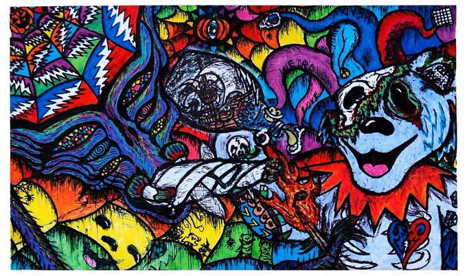 A vibrant, psychedelic illustration featuring a chaotic scene with a large smiling skull-like face, an astronaut figure, and colorful abstract patterns and characters.