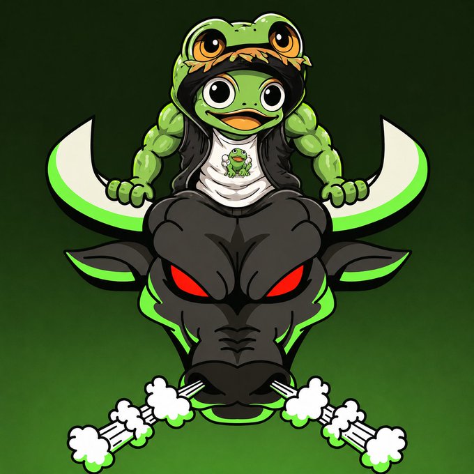 The image shows a cartoon character with a muscular build, long dark hair, and a frog hat, riding on top of a fierce black buffalo head with red glowing eyes and steam puffs coming from its nostrils. This ties into the "$RIBBIT" post as it appears to be themed artwork for the project, with the frog imagery directly referencing the "ribbit" branding while the character holds blades that match the bold, competitive crypto giveaway promotion.