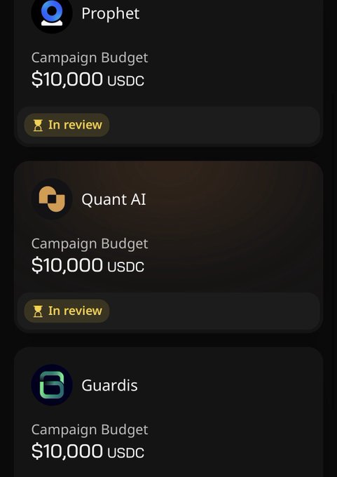 The image shows a phone screen displaying three different campaign budgets for various apps, including Campaign Budget, Prophet Market AI Guardis, and USDC. The user is likely comparing these options before making their decision about which app to use or download.