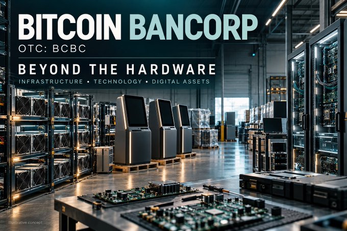 A modern data center/warehouse filled with Bitcoin mining rigs, server racks, and circuit boards displays the banner "BITCOIN BANCORP - OTC: BCBC - BEYOND THE HARDWARE - INFRASTRUCTURE • TECHNOLOGY • DIGITAL ASSETS." The image visually represents the company's court-approved asset transactions, showcasing the physical infrastructure (mining equipment, server racks) and technology components referenced in the September 9 release.