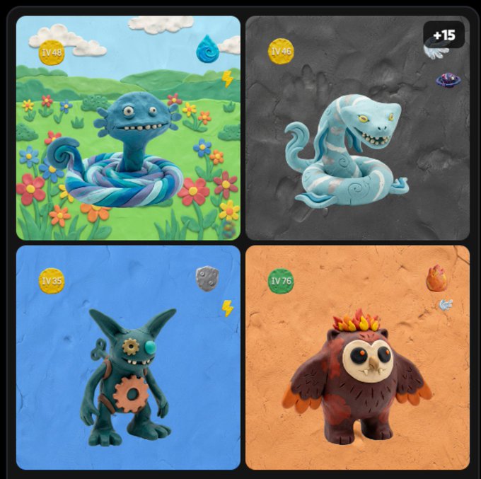 Four cartoon-style creature figures are displayed in separate panels: a blue striped snake in a flower field (LV.48), a white dragon on dark stone (LV.46), a green goblin-like creature (LV.35), and a brown owl-bear hybrid with a fiery crest (LV.76).