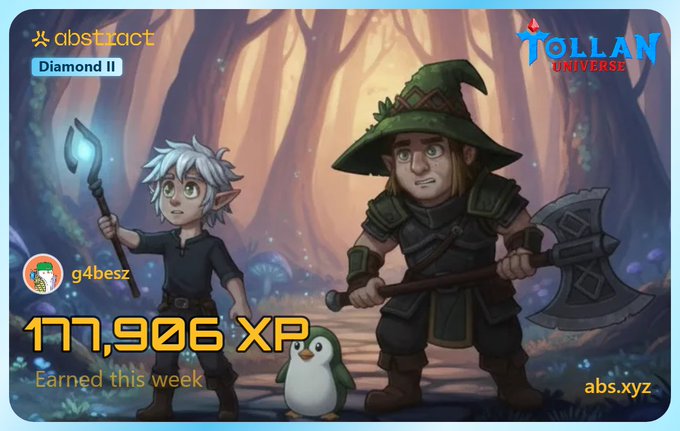 An Abstract platform card showing user 'g4besz' reached Diamond II and earned 177,906 XP this week, featuring anime-style fantasy characters and the 'TOLLAN UNIVERSE' logo.