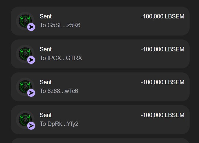 A screenshot of a crypto wallet transaction history showing four identical "Sent" transfers of -100,000 LBSEM each to different truncated wallet addresses (G5SL...z5K6, fPCX...GTRX, 6z68...wTc6, DpRk...Yfy2), seemingly demonstrating successful airdrop distributions for the "CLAIM 100,000 $LBSEM" promotional giveaway requiring users to drop their $SOL wallet address.