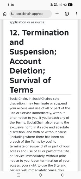 A screenshot of SocialChain's Terms of Service page (socialchain.app/tos), displaying Section 12 titled "Termination and Suspension; Account Deletion; Survival of Terms," which states that SocialChain may terminate or suspend a user's account at its sole discretion for any breach of terms, with or without prior notice.

The image supports the Pi Tip caption by showing the specific legal language (Section 12) that authorizes SocialChain to suspend or terminate accounts without notice for Terms of Service violations.