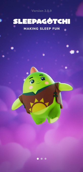 A mobile app splash screen for 'SLEEPAGOTCHI' (Version 2.0.9) with the tagline 'MAKING SLEEP FUN', featuring a cute green creature wearing a brown sun-themed outfit floating among purple clouds.